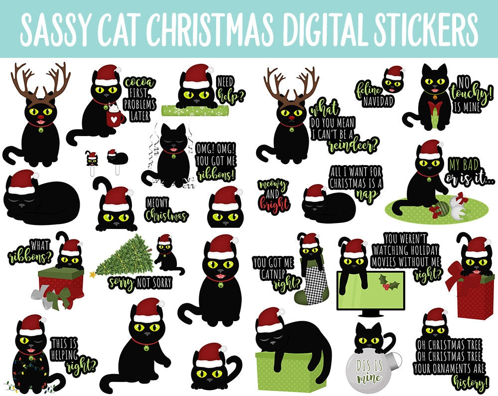 Sassy Cat Christmas Digital Stickers | GoodNotes, iPad and Android | Holidays, Kitty, Black Cat, Adulting
