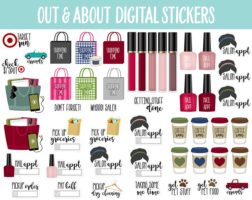 Out and About Digital Stickers | GoodNotes, iPad and Android | Errands, Trackers, Beauty