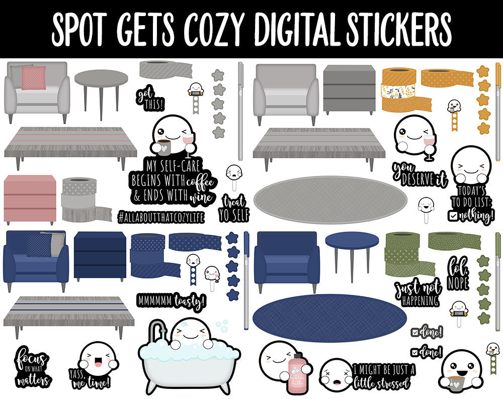 Spot Gets Cozy Digital Stickers | GoodNotes, iPad and Android | Washi, Home, Hygge, Self-Care, Calendar