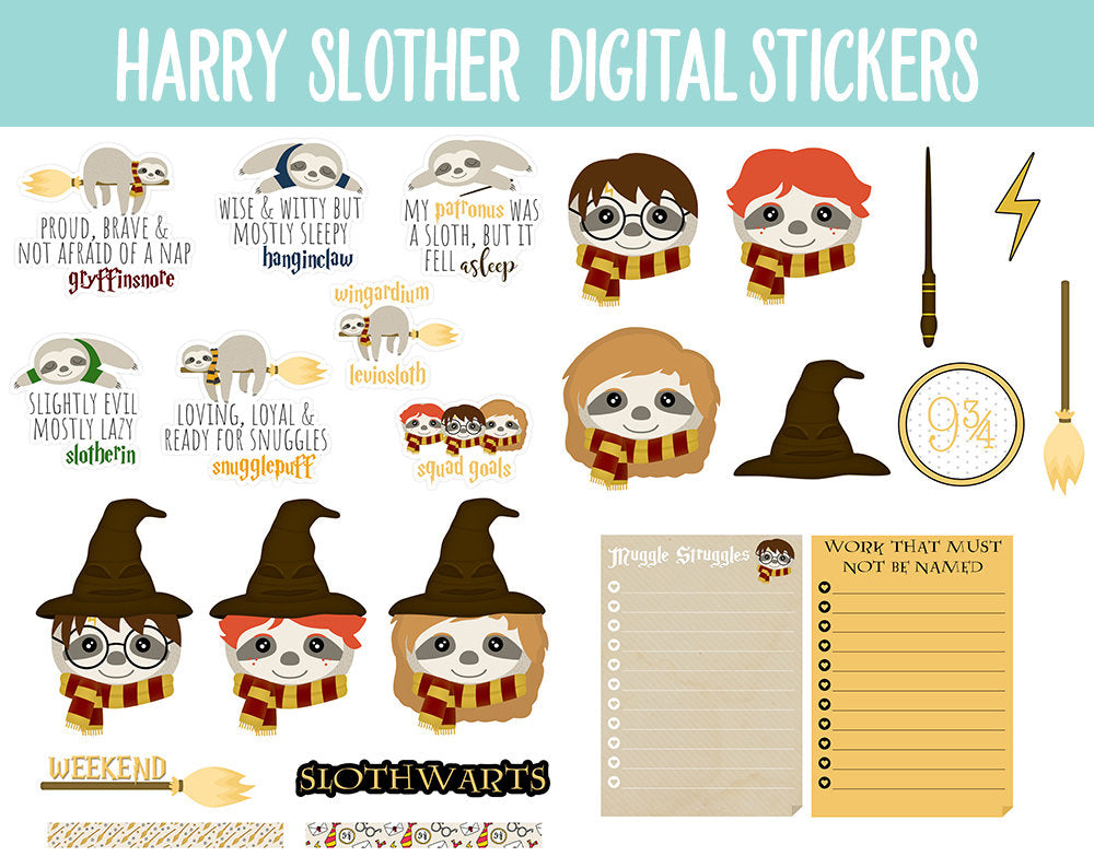 Harry Slother Digital Stickers | GoodNotes, iPad and Android | Sloths, Wizards, School of Magic