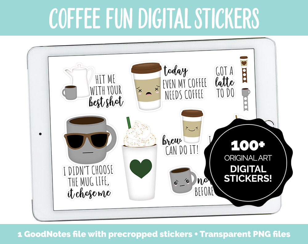Coffee Fun Digital Stickers | GoodNotes, iPad and Android | Food, Drink, Emoji, Mood Tracker, Kawaii