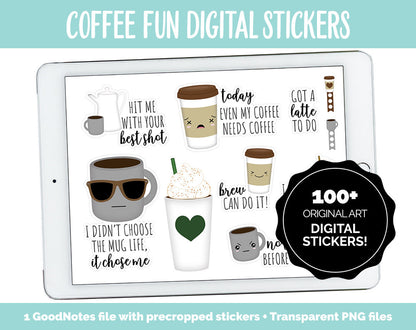 Coffee Fun Digital Stickers | GoodNotes, iPad and Android | Food, Drink, Emoji, Mood Tracker, Kawaii