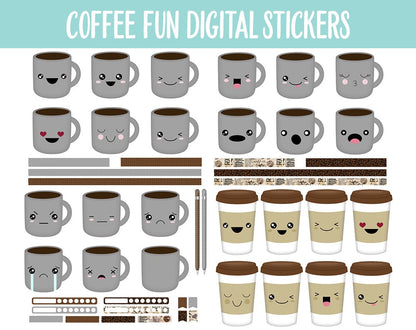 Coffee Fun Digital Stickers | GoodNotes, iPad and Android | Food, Drink, Emoji, Mood Tracker, Kawaii