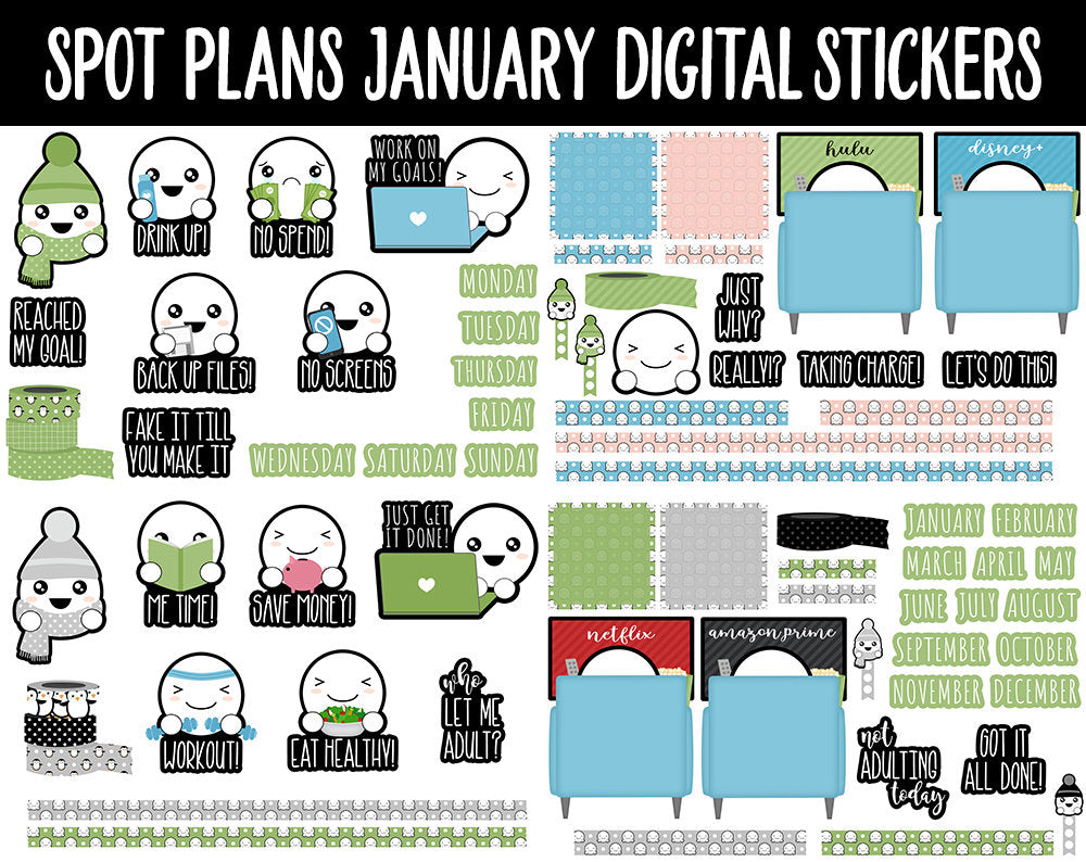 Spot Plans January Digital Stickers | GoodNotes, iPad and Android | New Year, Winter, Habits
