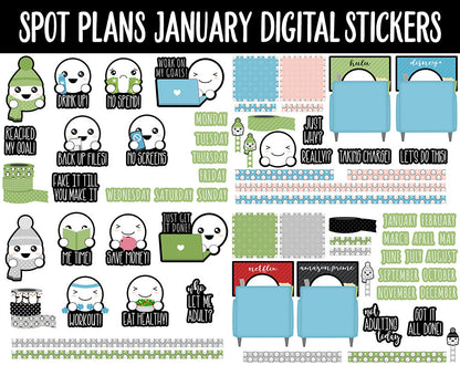 Spot Plans January Digital Stickers | GoodNotes, iPad and Android | New Year, Winter, Habits