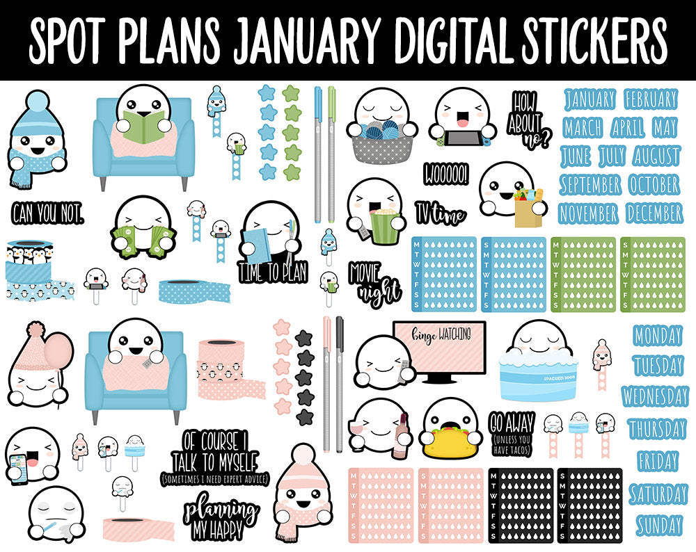Spot Plans January Digital Stickers | GoodNotes, iPad and Android | New Year, Winter, Habits