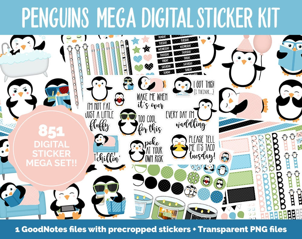 Penguin Parade Digital Sticker Mega Bundle | GoodNotes & iPad | Winter, January, February, Calendar Dates, Trackers and More!
