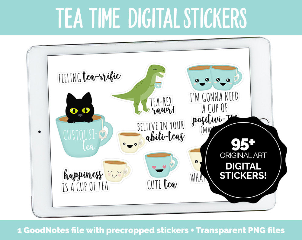 Tea Time Digital Stickers | GoodNotes, iPad and Android | Bubble Tea, Hot Tea, Teapots, Green Tea, Food, Drink
