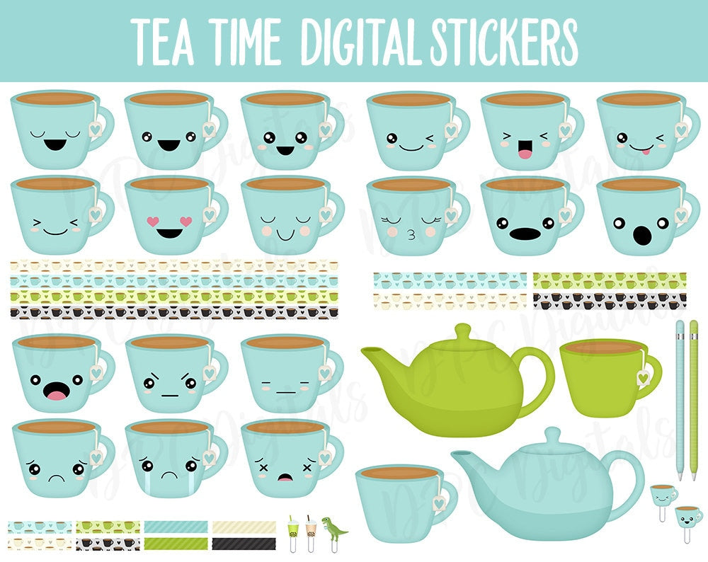Tea Time Digital Stickers | GoodNotes, iPad and Android | Bubble Tea, Hot Tea, Teapots, Green Tea, Food, Drink