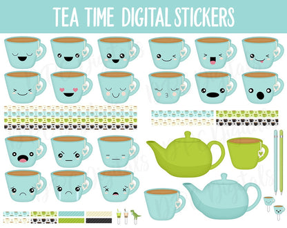 Tea Time Digital Stickers | GoodNotes, iPad and Android | Bubble Tea, Hot Tea, Teapots, Green Tea, Food, Drink