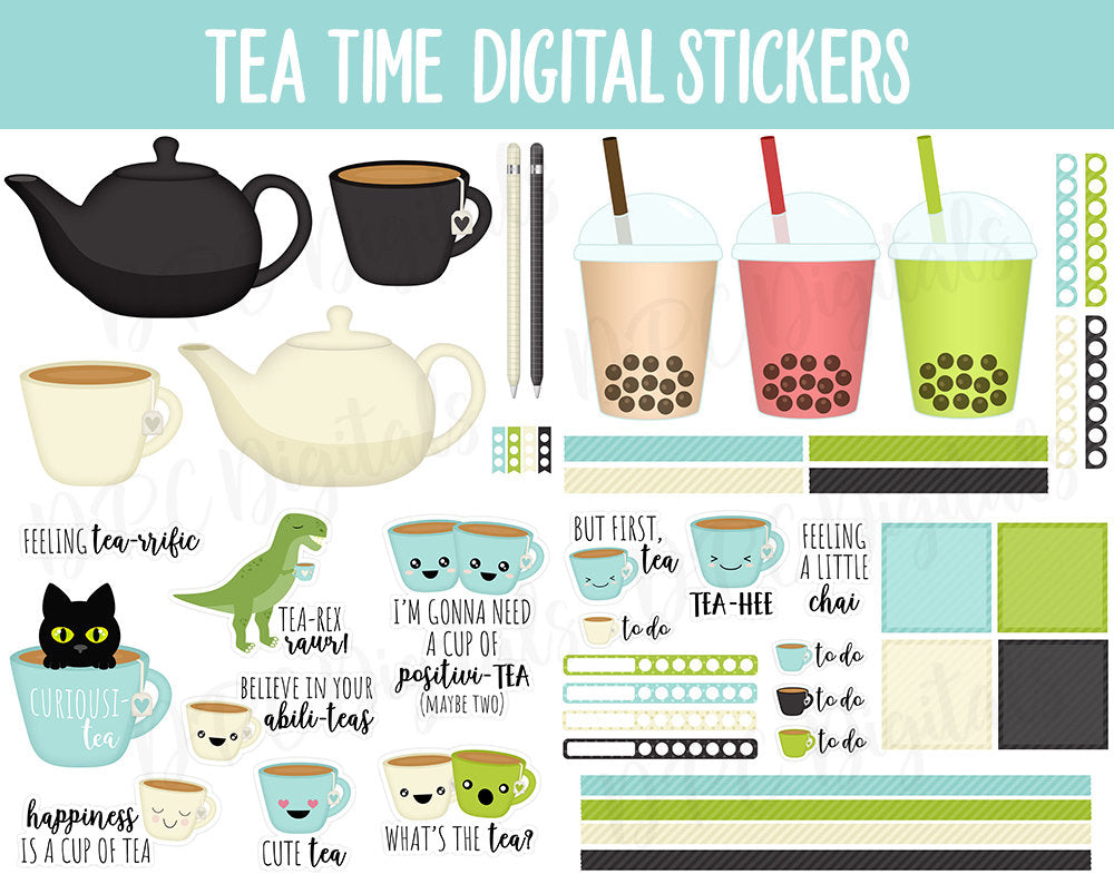 Tea Time Digital Stickers | GoodNotes, iPad and Android | Bubble Tea, Hot Tea, Teapots, Green Tea, Food, Drink