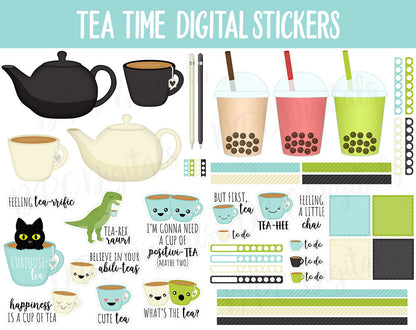 Tea Time Digital Stickers | GoodNotes, iPad and Android | Bubble Tea, Hot Tea, Teapots, Green Tea, Food, Drink