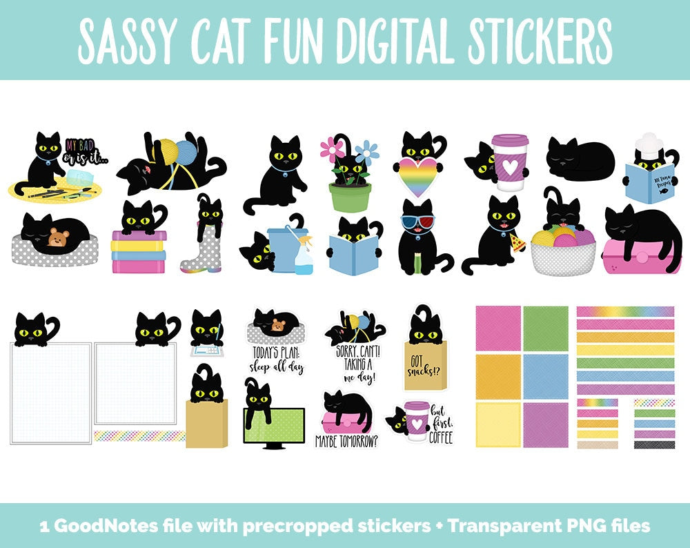 Sassy Cat Fun Digital Stickers | GoodNotes, iPad and Android | Kitty, Black Cat, Adulting
