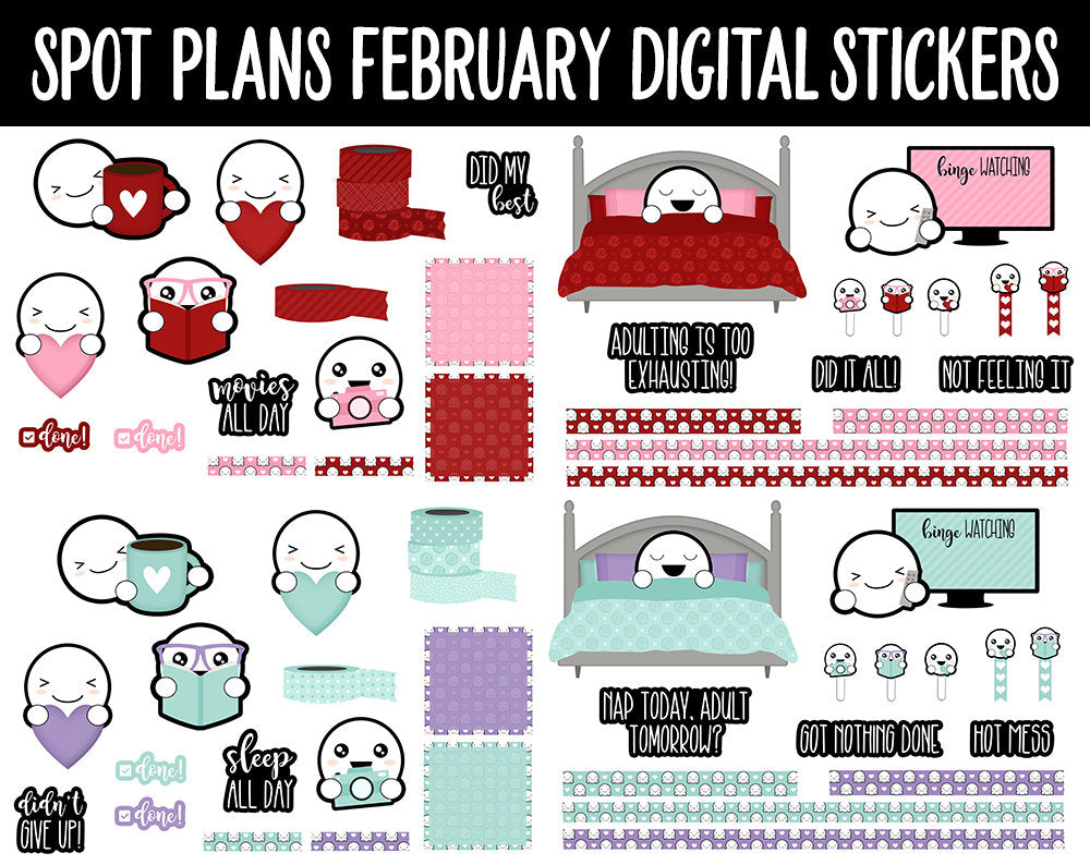 Spot Plans February Digital Stickers | GoodNotes, iPad and Android | Valentine, Mardi Gras, Adulting, Couples