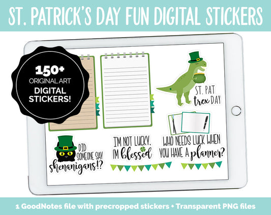 St. Patrick’s Day Fun Digital Stickers | GoodNotes, iPad and Android | Lucky, Rainbow, Clover, Trackers