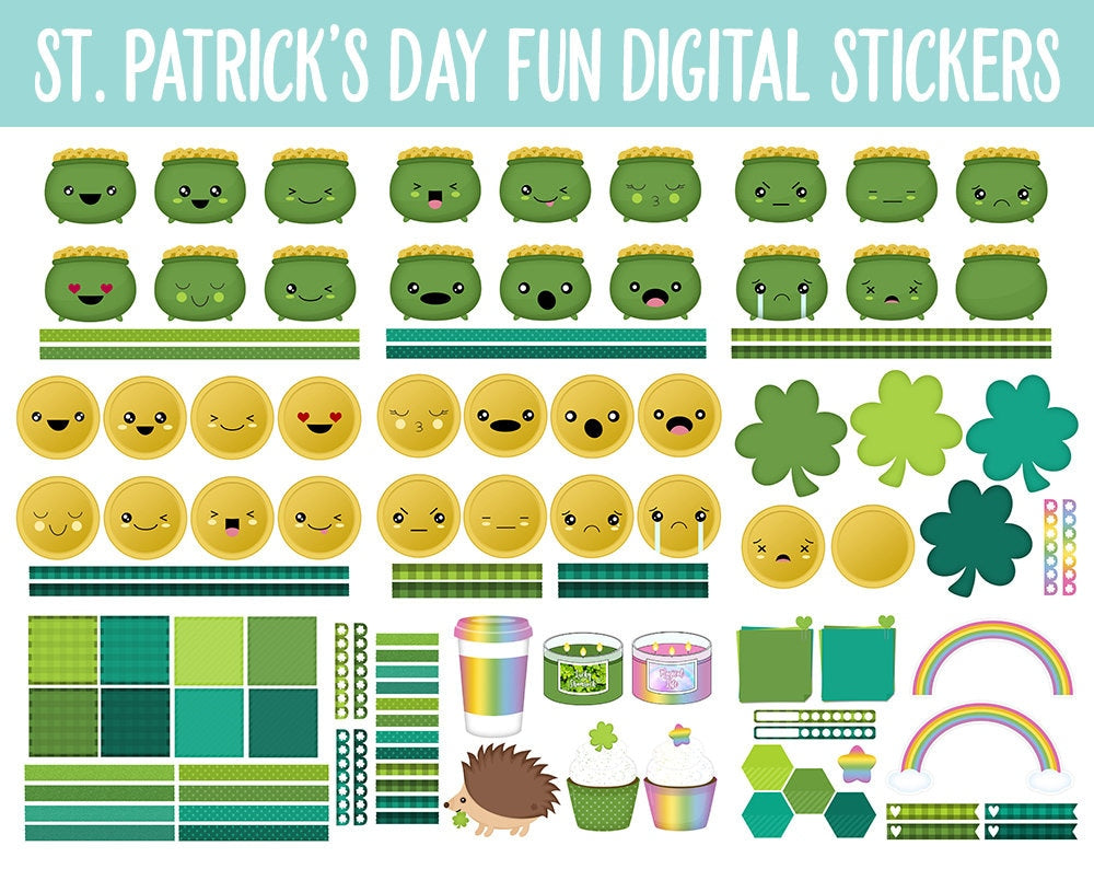 St. Patrick’s Day Fun Digital Stickers | GoodNotes, iPad and Android | Lucky, Rainbow, Clover, Trackers