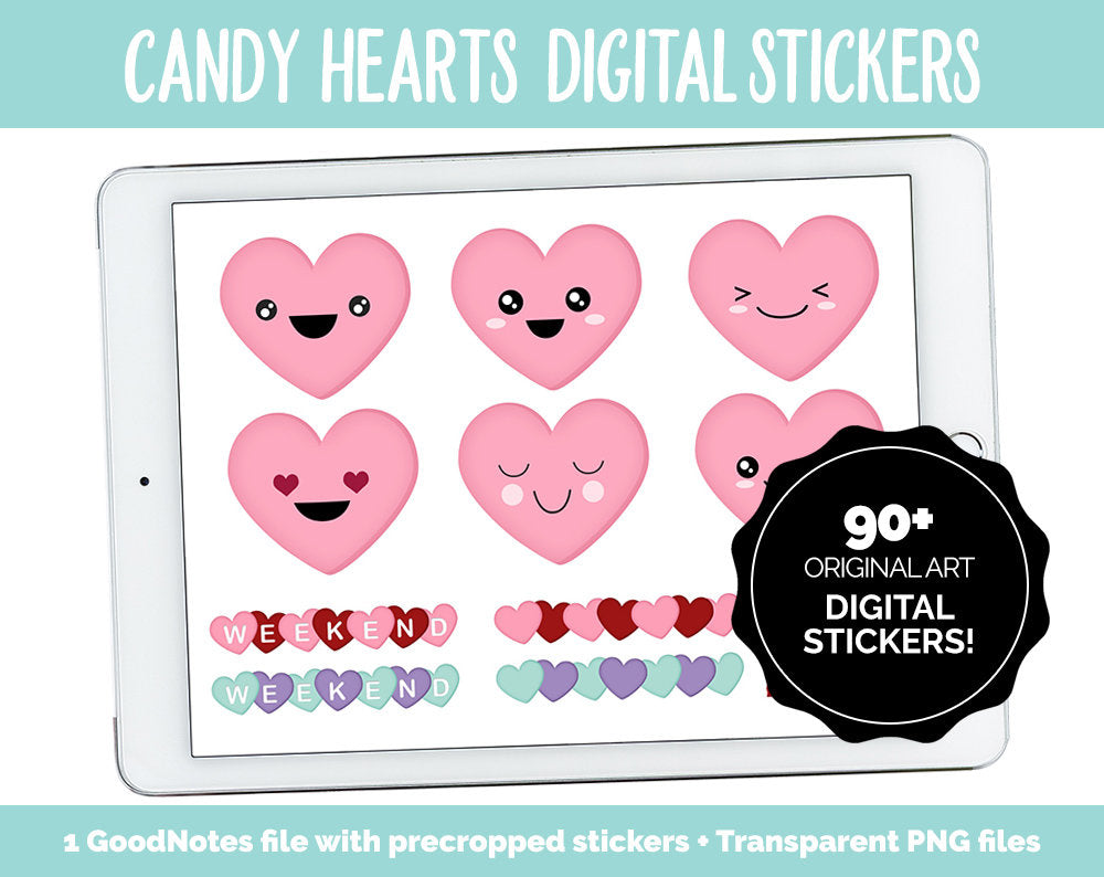Candy Heart Digital Stickers | GoodNotes, iPad and Android | Valentine, Mood Tracker, Emoji, Kawaii