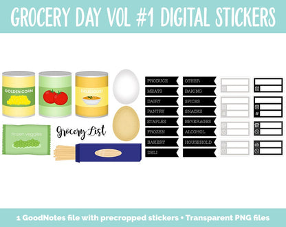 Grocery Day Vol #1 Digital Stickers | GoodNotes, iPad and Android | Food, Menu Planning, Trackers