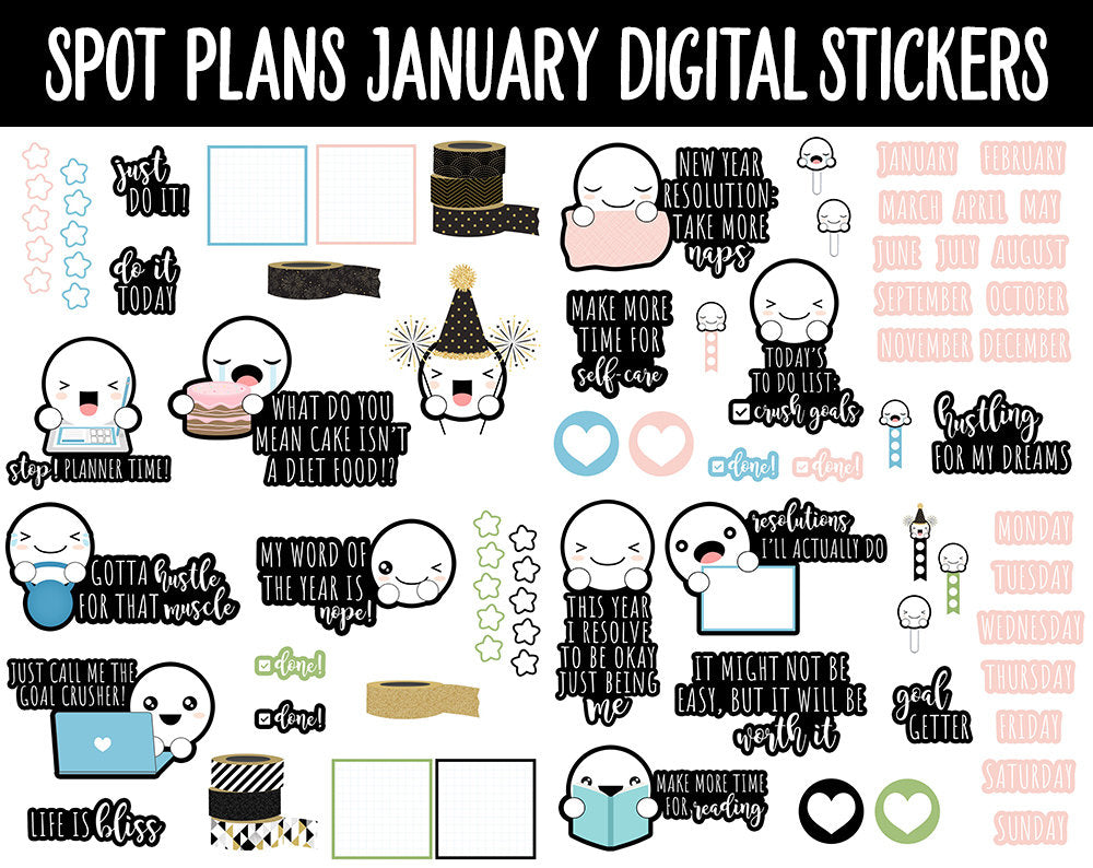 Spot Plans January Digital Stickers | GoodNotes, iPad and Android | New Year, Winter, Habits
