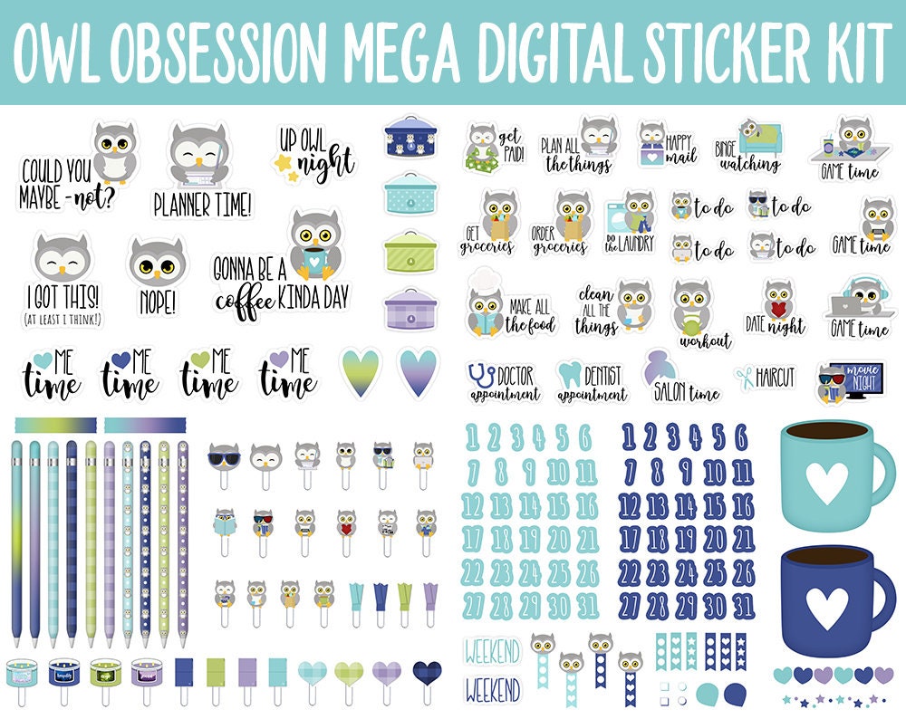 Owl Obsession Digital Sticker Mega Bundle | GoodNotes & iPad | April, Spring, Chores, Calendar Dates, Trackers and More!