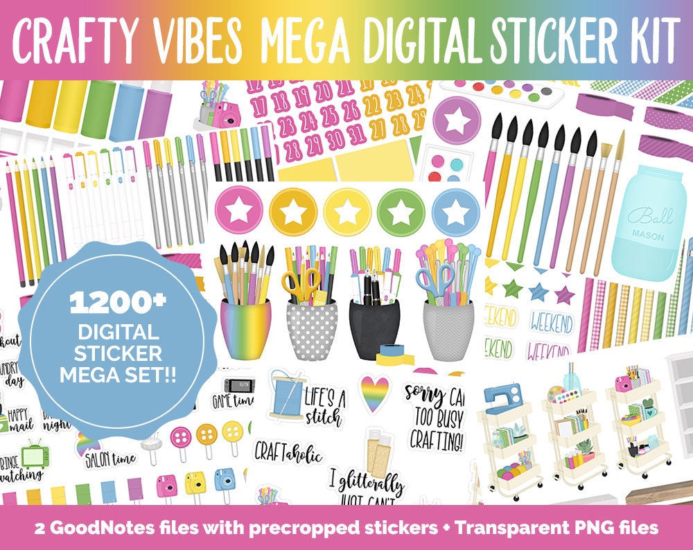 Crafty Vibes Digital Sticker Mega Bundle | GoodNotes & iPad | March, Rainbow, Sewing, Planning, Paint, Calendar Dates, Trackers and More!