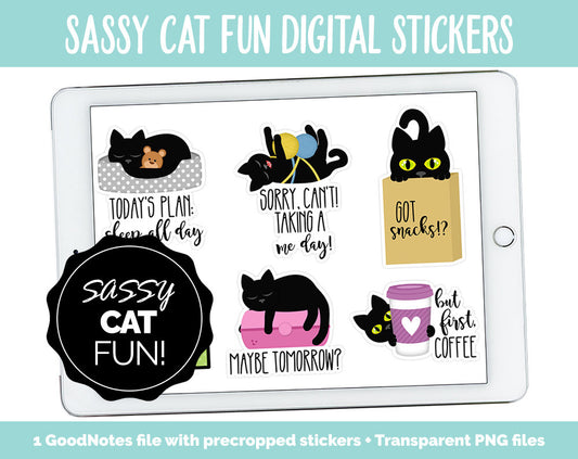 Sassy Cat Fun Digital Stickers | GoodNotes, iPad and Android | Kitty, Black Cat, Adulting