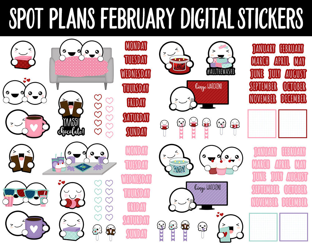 Spot Plans February Digital Stickers | GoodNotes, iPad and Android | Valentine, Mardi Gras, Adulting, Couples