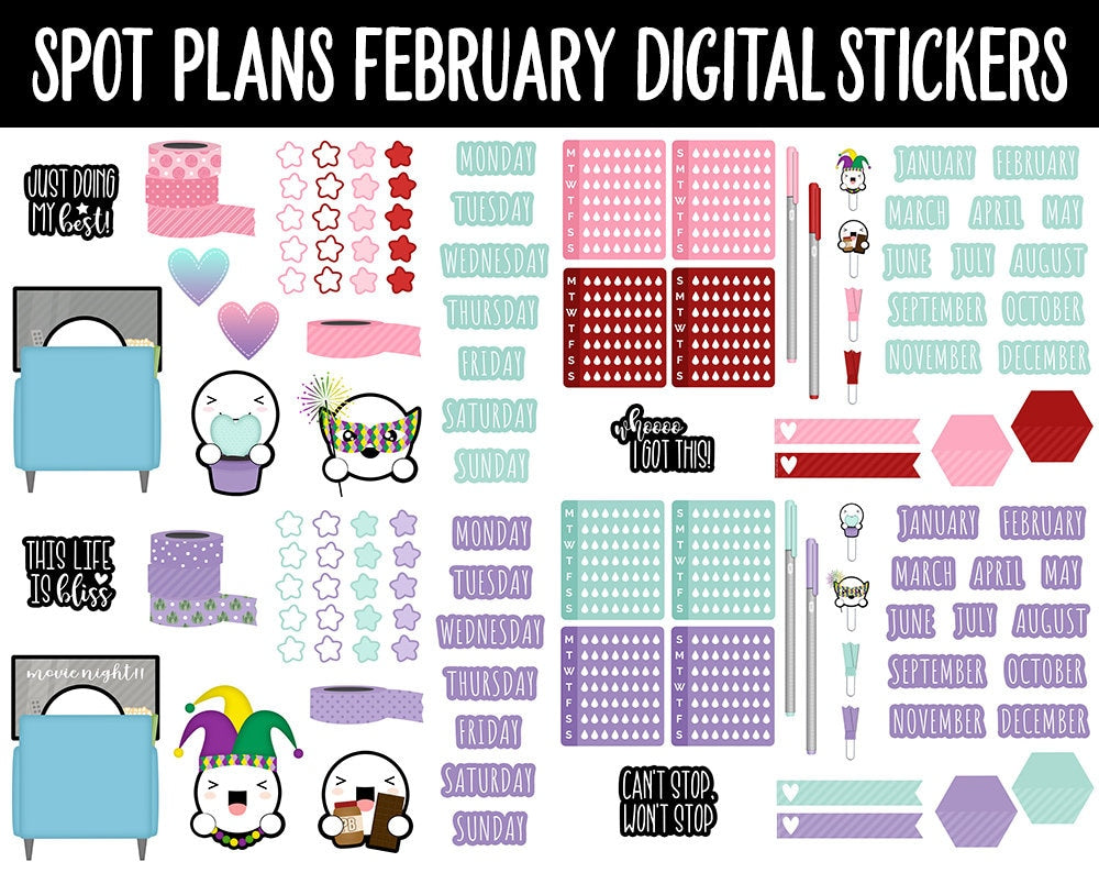 Spot Plans February Digital Stickers | GoodNotes, iPad and Android | Valentine, Mardi Gras, Adulting, Couples