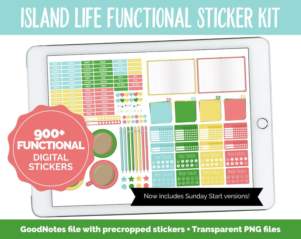 Island Life Functional Digital Stickers | GoodNotes, iPad and Android | Trackers, Meal Planning, Fitness, TV, Adulting