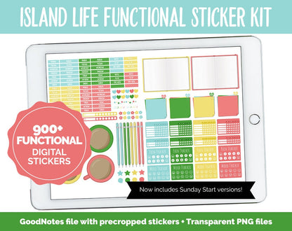 Island Life Functional Digital Stickers | GoodNotes, iPad and Android | Trackers, Meal Planning, Fitness, TV, Adulting