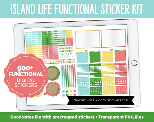 Island Life Functional Digital Stickers | GoodNotes, iPad and Android | Trackers, Meal Planning, Fitness, TV, Adulting