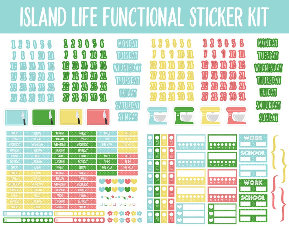 Island Life Functional Digital Stickers | GoodNotes, iPad and Android | Trackers, Meal Planning, Fitness, TV, Adulting