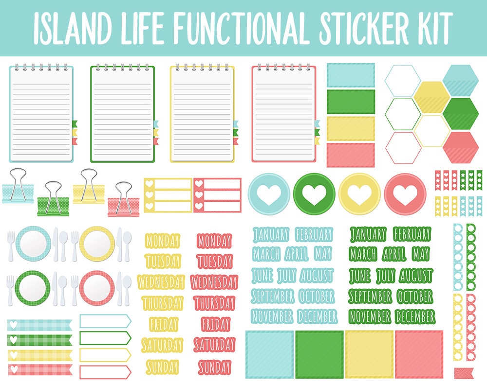 Island Life Functional Digital Stickers | GoodNotes, iPad and Android | Trackers, Meal Planning, Fitness, TV, Adulting