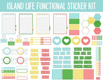 Island Life Functional Digital Stickers | GoodNotes, iPad and Android | Trackers, Meal Planning, Fitness, TV, Adulting