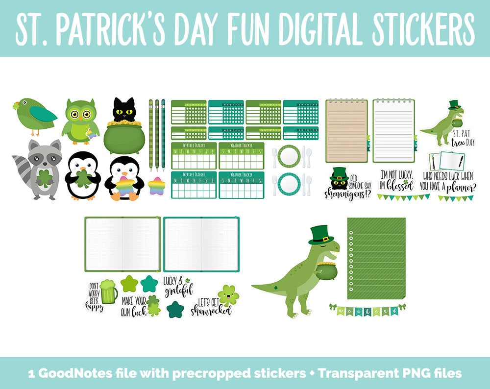 St. Patrick’s Day Fun Digital Stickers | GoodNotes, iPad and Android | Lucky, Rainbow, Clover, Trackers