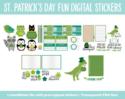 St. Patrick’s Day Fun Digital Stickers | GoodNotes, iPad and Android | Lucky, Rainbow, Clover, Trackers