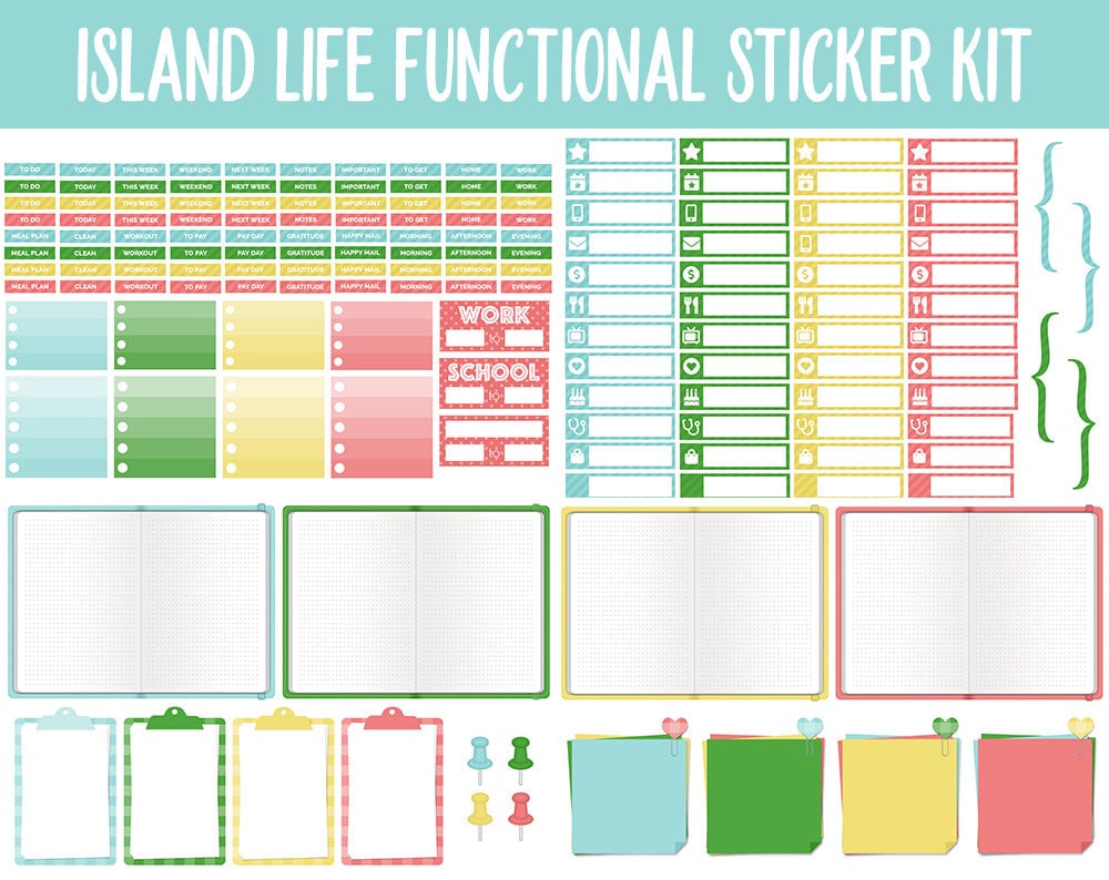 Island Life Functional Digital Stickers | GoodNotes, iPad and Android | Trackers, Meal Planning, Fitness, TV, Adulting