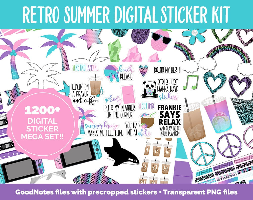 Retro Summer Digital Sticker Mega Bundle | GoodNotes & iPad | June, Doodles, 80s, 90s, Adulting, Calendar Dates, Trackers and More!