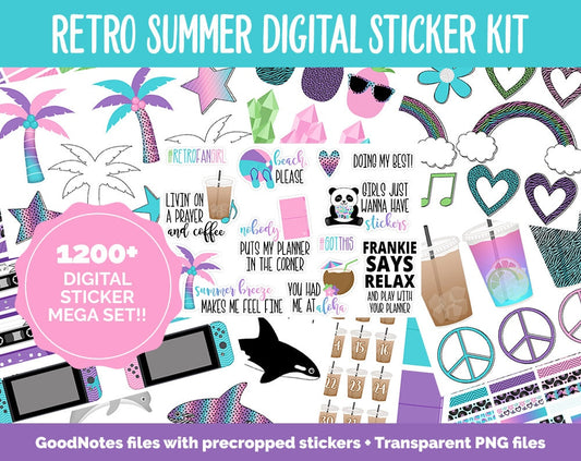 Retro Summer Digital Sticker Mega Bundle | GoodNotes & iPad | June, Doodles, 80s, 90s, Adulting, Calendar Dates, Trackers and More!