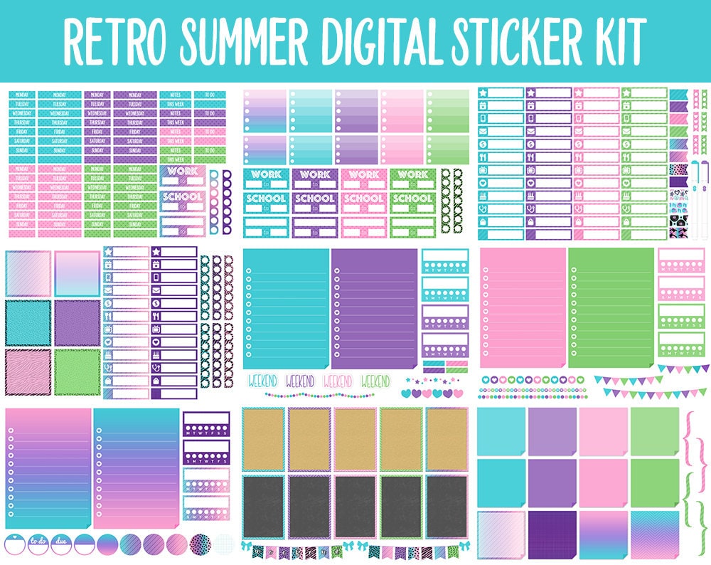 Retro Summer Digital Sticker Mega Bundle | GoodNotes & iPad | June, Doodles, 80s, 90s, Adulting, Calendar Dates, Trackers and More!