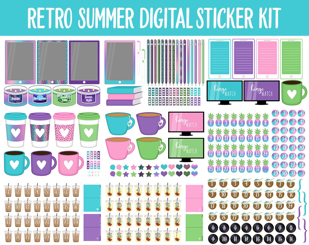 Retro Summer Digital Sticker Mega Bundle | GoodNotes & iPad | June, Doodles, 80s, 90s, Adulting, Calendar Dates, Trackers and More!