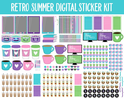 Retro Summer Digital Sticker Mega Bundle | GoodNotes & iPad | June, Doodles, 80s, 90s, Adulting, Calendar Dates, Trackers and More!