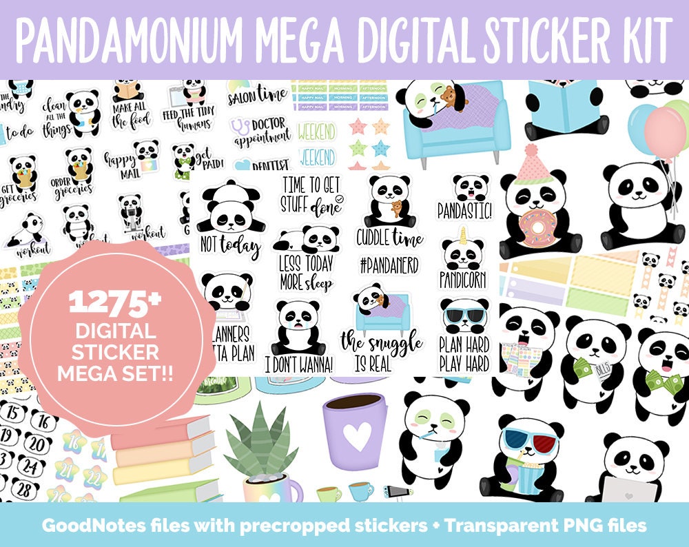 Panda-monium Digital Sticker Mega Bundle | GoodNotes & iPad | May, Pandas, Rainbow, Adulting, Calendar Dates, Trackers and More!