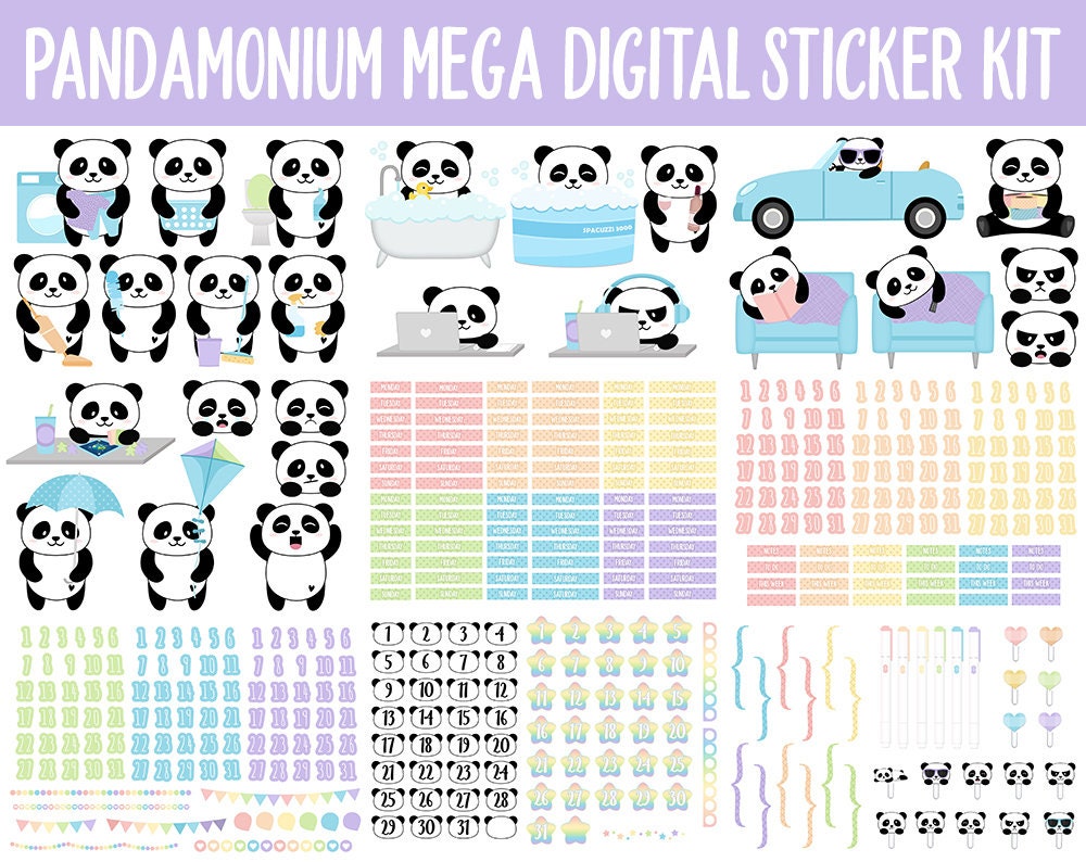 Panda-monium Digital Sticker Mega Bundle | GoodNotes & iPad | May, Pandas, Rainbow, Adulting, Calendar Dates, Trackers and More!