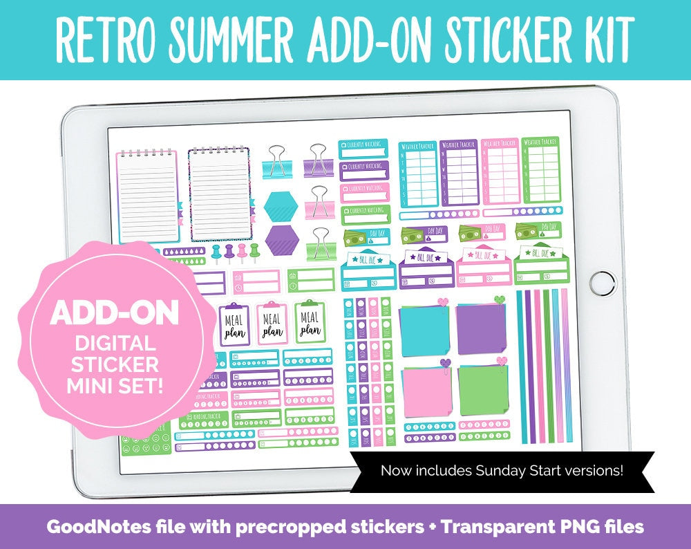Retro Summer Add-On Digital Planner Stickers | GoodNotes, iPad and Android | Trackers, Meal Planning, Fitness, TV, Budget
