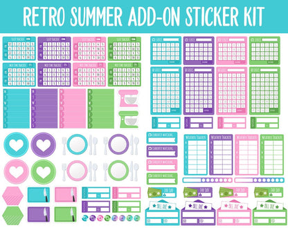 Retro Summer Add-On Digital Planner Stickers | GoodNotes, iPad and Android | Trackers, Meal Planning, Fitness, TV, Budget