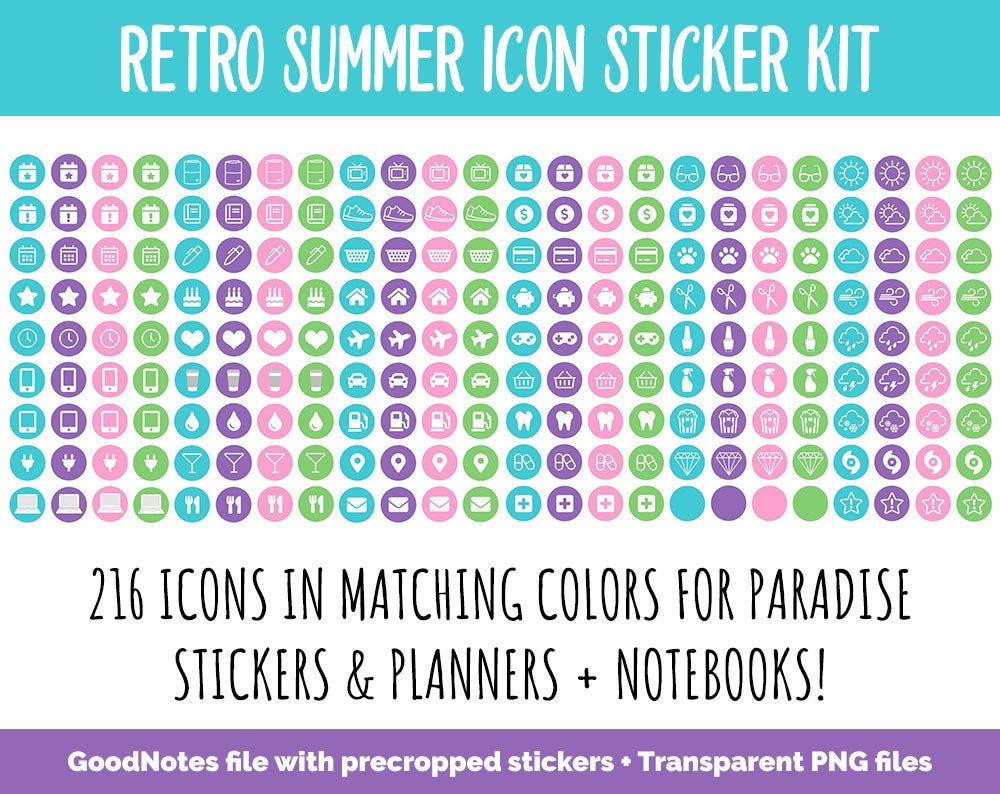 Retro Summer Icon Digital Planner Stickers | GoodNotes, iPad and Android | Icons, Life, Weather, Everyday