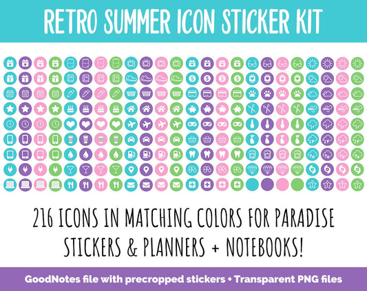 Retro Summer Icon Digital Planner Stickers | GoodNotes, iPad and Android | Icons, Life, Weather, Everyday