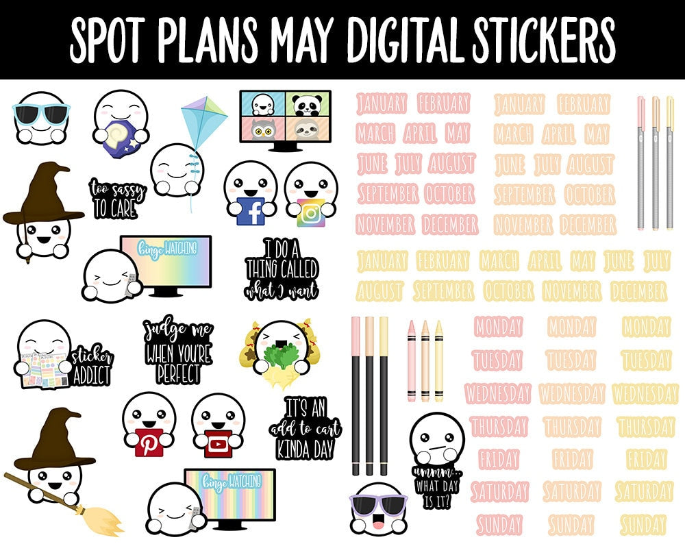 Spot Plans May Digital Stickers | GoodNotes, iPad and Android | Mother’s Day, Cinco de Mayo, Adulting, Gaming