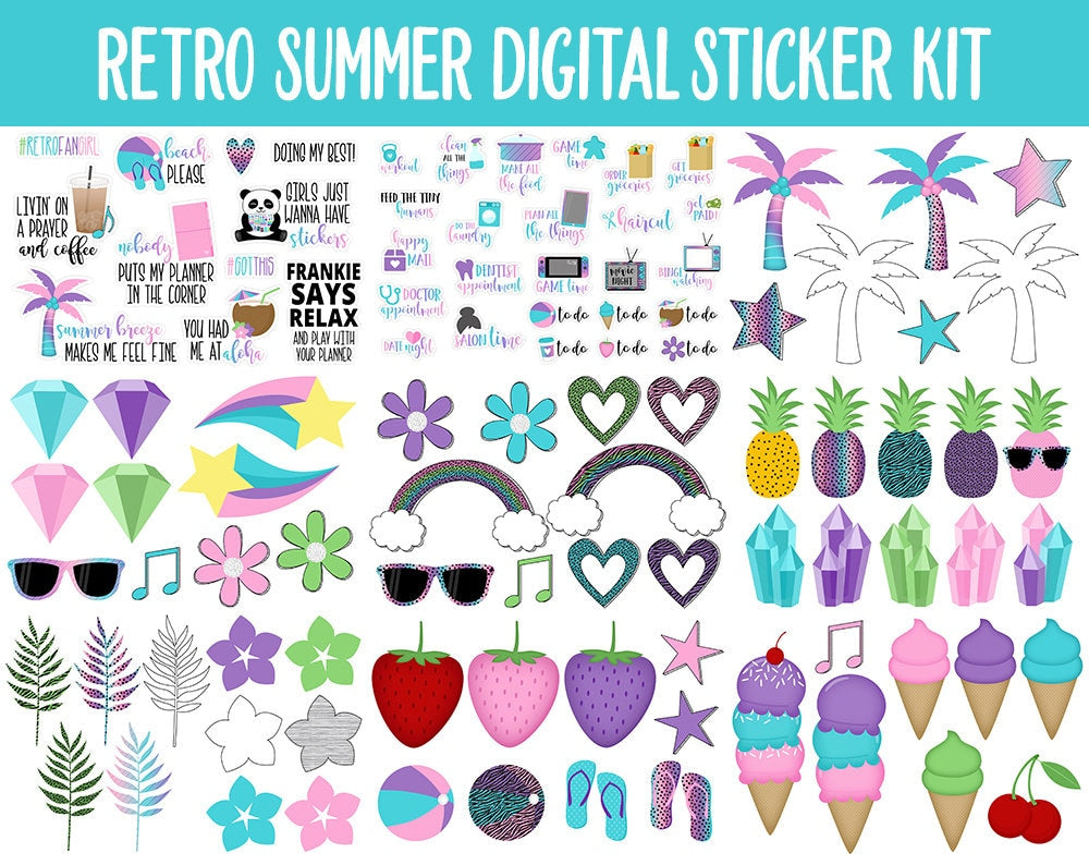Retro Summer Digital Sticker Mega Bundle | GoodNotes & iPad | June, Doodles, 80s, 90s, Adulting, Calendar Dates, Trackers and More!